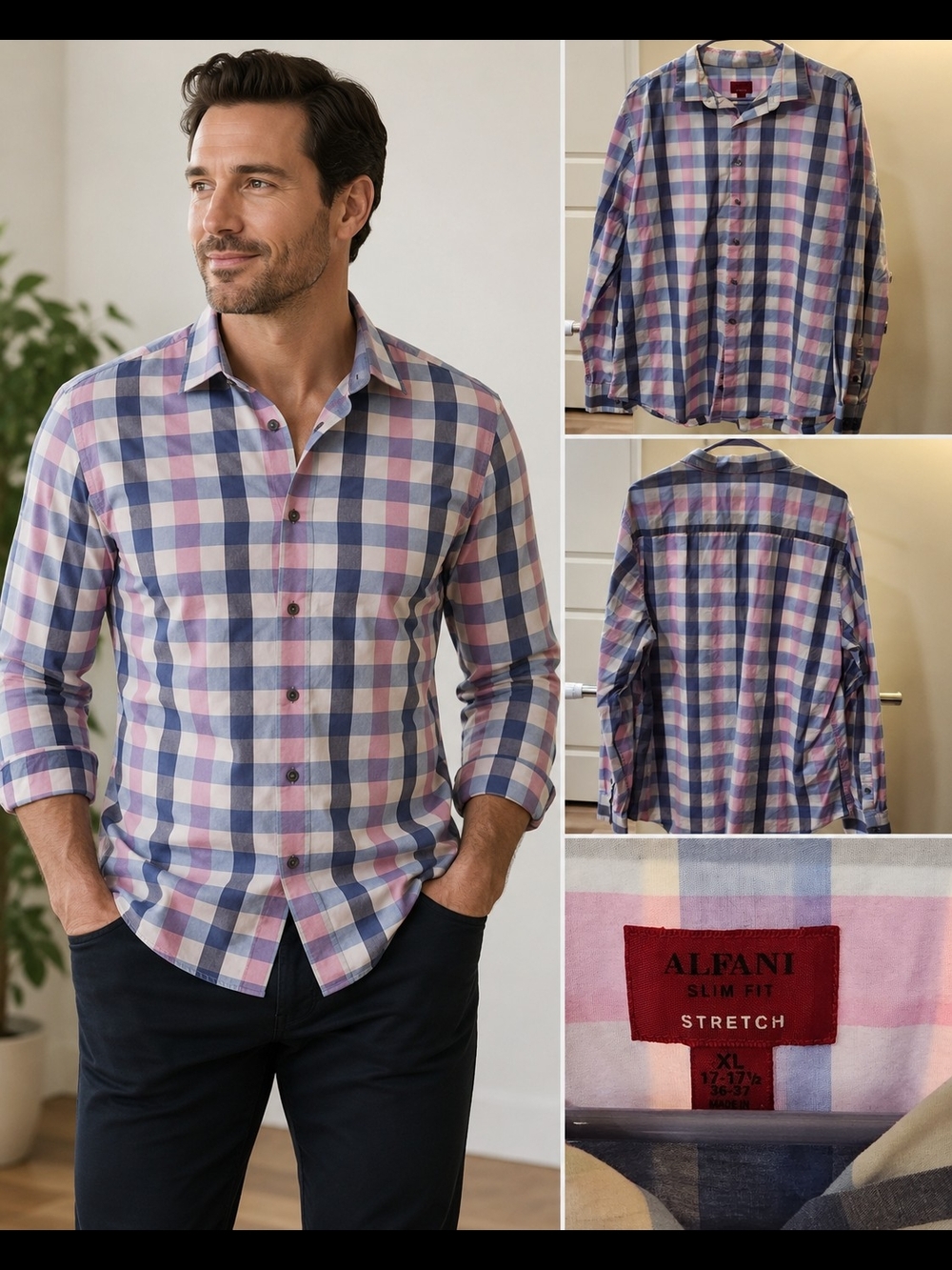 Alfani Men's Plaid Button-Down in Blue and Pink Slim Fit Stretch 36/37